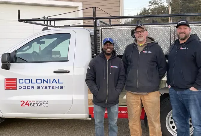 Colonial Door Systems service technician arriving for a garage door repair call in Epsom, NH